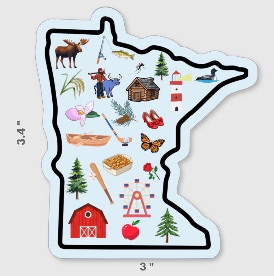 Minnesota Sticker | Midwest Illustration | Loon Bird, Mosquito, Cabin, Paul Bunyan | State Souvenir Gift